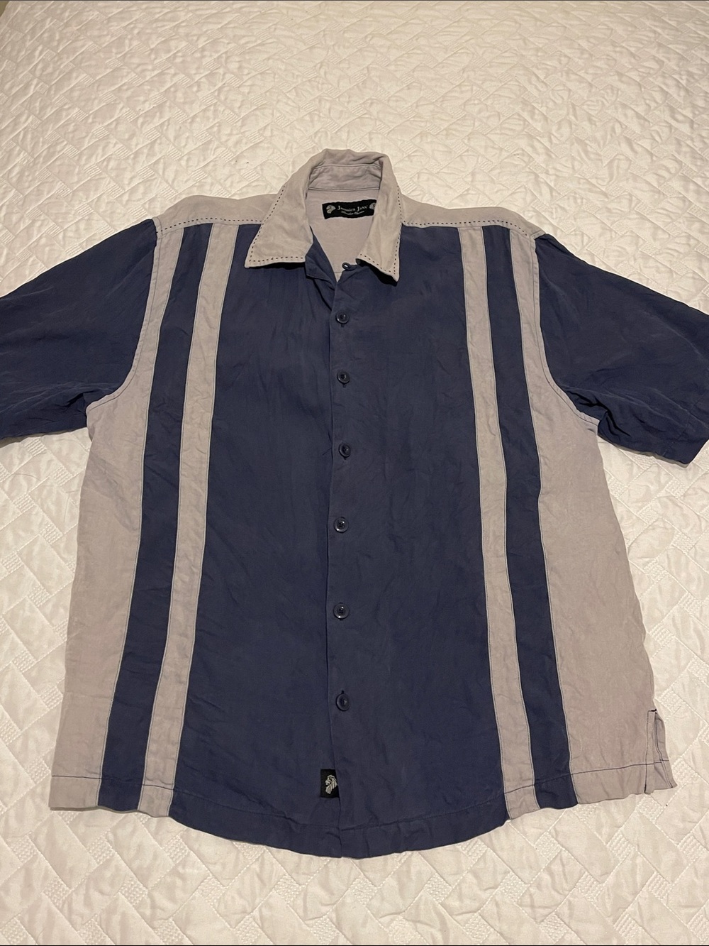 100% silk Jamaica Jaxx Navy and Light Gray Vertical-Panel Short Sleeve Button-Up